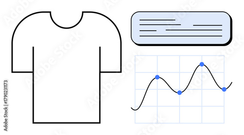 T-shirt outline near a line graph with four data points and a text box representing analysis. Ideal for fashion analytics, trend mapping, market forecasting, app UI, e-commerce, research, education