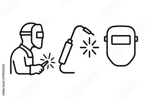 Welding icons: worker with mask and torch in linear design