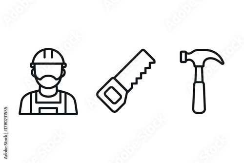 Construction tools and worker icons in minimalist outline style