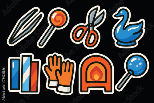 Colorful sticker set featuring kitchen tools and playful icons on dark background