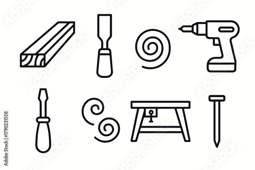 Line art woodworking tools: saw, drill, chisel, screwdriver, nail, wood