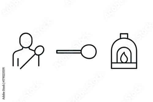 Pizzeria linear icons: chef, pizza paddle, brick oven line art