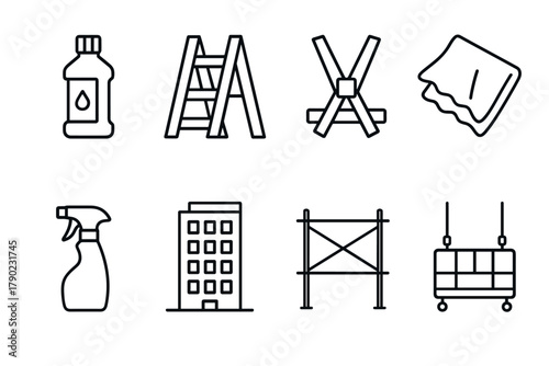 Cleaning and construction tools icon set in linear style