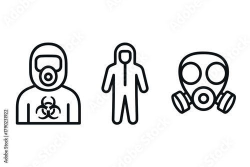 Protective gear outlines: biohazard suit, hazmat uniform, gas mask design