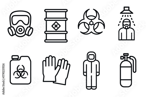 Safety icons: protective gear and hazard symbols in minimalist design