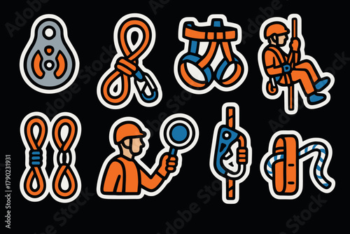 Bright climbing gear icons: ropes, harnesses, tools, and equipment in bold style