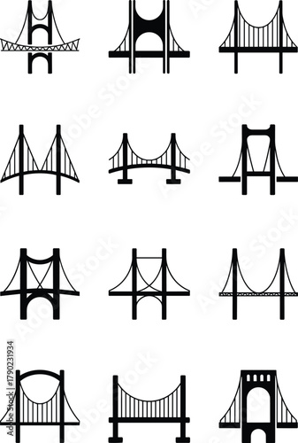 Bridge silhouette collection, suspension bridge and arch bridge icons, civil engineering structure design, transportation architecture vector, infrastructure 