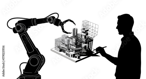 Futuristic architecture design concept featuring a robot arm and architect collaborating on a building model in black and white for innovative solutions