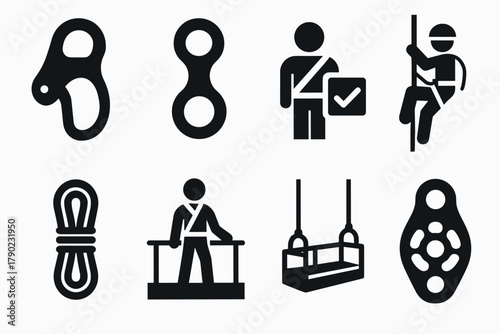 Safety equipment icons: harness, carabiner, rope, worker, abseiling
