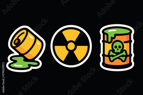 Toxic waste warning symbols: hazardous barrels and radioactive sign