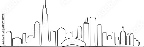 Chicago skyline line art, minimalist cityscape, Willis Tower, Hancock Center, Cloud Gate, urban silhouette, architectural drawing, black and white, modern skyline, iconic buildings