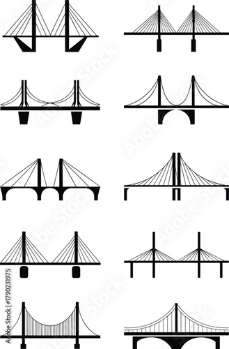 Bridge icon collection, modern suspension bridge vector set, architectural structure illustration, civil engineering design, transportation infrastructure symbol, construction silhouette graphic art