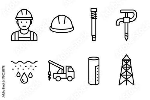 Oil drilling site icons: line art hard hat, rig, derrick, and equipment
