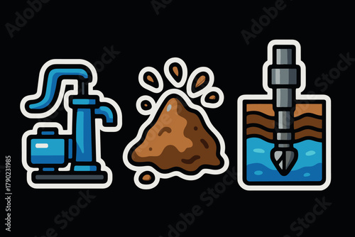 Colorful icons of water pump, soil, and drilling in modern design