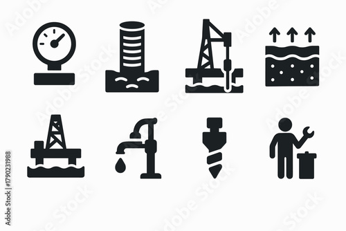 Energy infrastructure silhouette icons: oil rig, drill, gauge, reservoir, maintenance