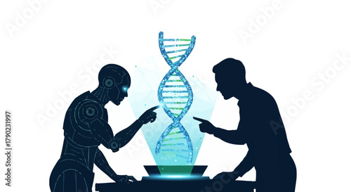 Innovative collaboration between human and robot exploring genetic engineering for future medical advancements, a dynamic blend of biology and technology