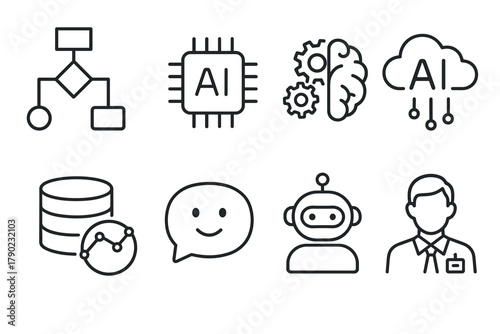 Modern ai and technology icons set with linear design featuring robotics and cloud computing