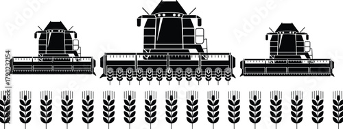Combine harvester silhouette, wheat field harvesting, agricultural machinery vector, black and white farm scene, modern farming equipment, crop harvest illustration