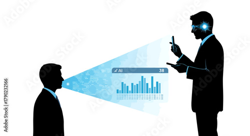 Futuristic tech showing advanced AI data analysis, augmented reality, and digital transformation in a modern business setting, ideal for innovation concepts