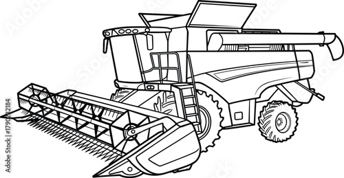 Combine harvester illustration, agricultural machinery drawing, farm equipment sketch, black and white line art, crop harvesting machine, technical farming diagram