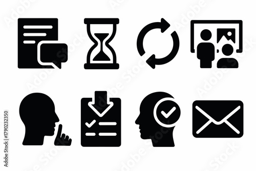 Collection of business communication and workflow icons in silhouette style