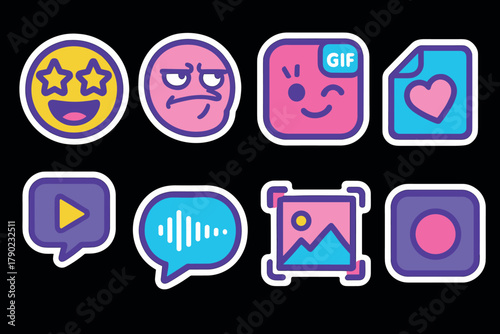 Colorful emoji and media icon set on black background
