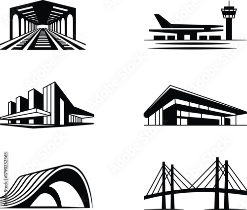 Infrastructure vector set, architectural structure icons, subway tunnel, airport terminal, industrial building, modern bridge, cable-stayed bridge, urban design, black and white