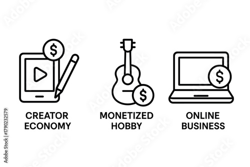 Digital monetization icons: creator economy, monetized hobby, online business concepts
