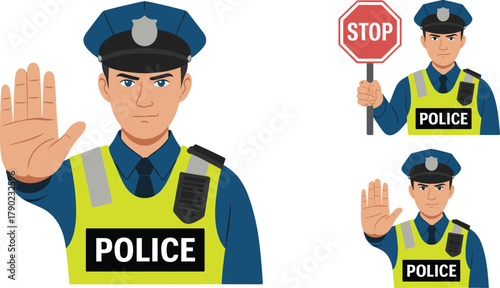 Male police officer cartoon illustration wearing uniform and safety vest with stop sign, traffic control, law enforcement, security guard, police character vector design