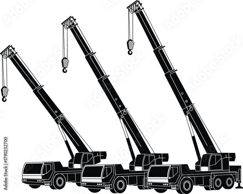 Mobile crane silhouette, truck-mounted lifting equipment, telescopic boom vector, construction machinery, black and white engineering art, heavy-duty crane illustration
