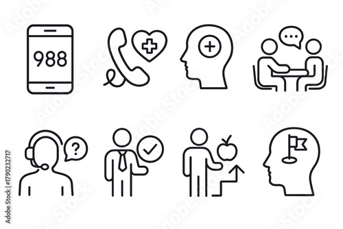 Mental health support icons depicting call center help and therapy in linear design