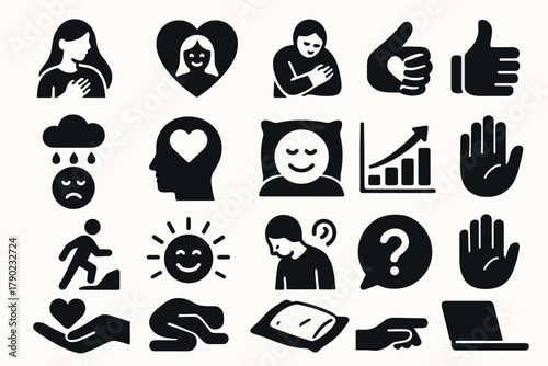 Collection of emotional silhouette icons: positive, negative, and neutral expressions