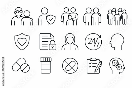 Minimalist line icons of health, family, and security concepts