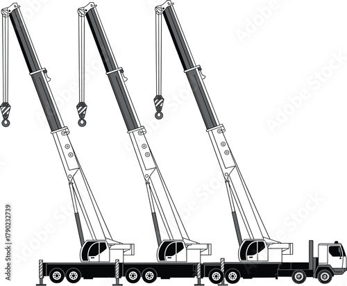Mobile crane, truck-mounted, boom stages, lifting hook, construction vehicle, heavy equipment, telescopic arm, stabilizers extended, operational range, side view, industrial machinery, elevation demo