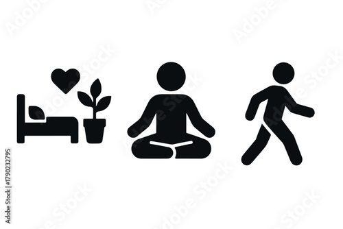 Minimalist icons of wellness: sleep, meditation, exercise in black silhouette style