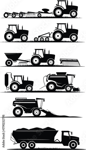 Modern agricultural tractor and harvester machinery silhouette set, farming equipment collection, crop harvesting process, agricultural technology 