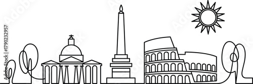 Rome skyline continuous line art, Italian landmarks illustration, Colosseum and Vatican vector, minimal cityscape design, travel architecture drawing, modern Rome outline for poster, print, design