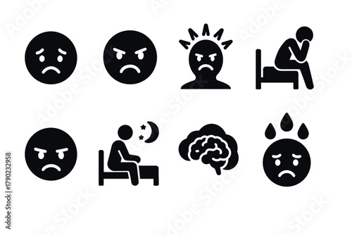 Emotional silhouette icons: stress, anxiety, sadness, mental health