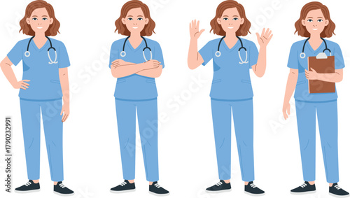 Smiling female nurse character in blue medical uniform with stethoscope, different poses, healthcare professional illustration, hospital staff, doctor assistant, cartoon vector design