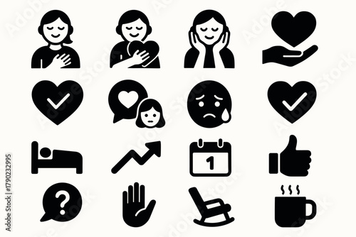 Emojis expressing emotions and daily activities in black silhouette style