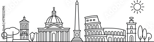 Rome skyline line art, Italian landmarks illustration, Colosseum and Vatican outline, cityscape vector design, travel architecture drawing, minimal Rome monument sketch for print, poster, design