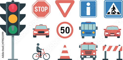Traffic symbols illustration, road signs, vehicles, stop sign, speed limit, pedestrian crossing, fire truck, bicycle, traffic light, road safety, transportation icons