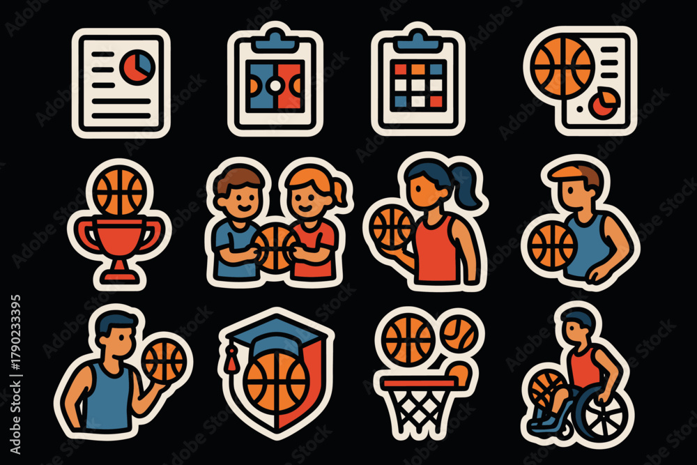 Fototapeta premium Colorful basketball icons: players, equipment, and game elements