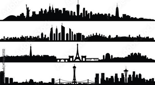World famous city skylines silhouette collection, New York, Dubai, Paris, Seattle landmarks, black cityscape design, urban architecture vector, travel destination illustration