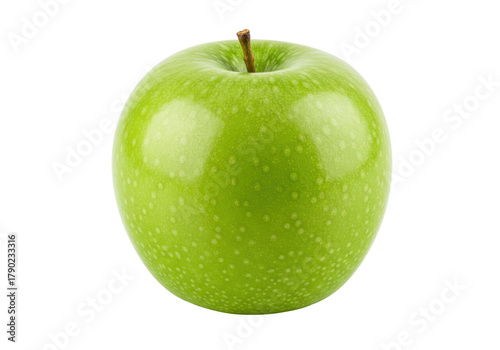 Isolated Granny Smith apple, fresh and juicy with tiny natural speckles and short stem