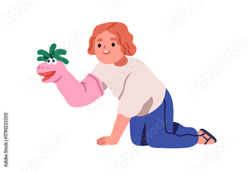 Kid with puppet on hand. Happy cute preschool child playing with marionette toy on arm. Funny puppetry game with fiction animal doll glove. Flat vector illustration isolated on white background.