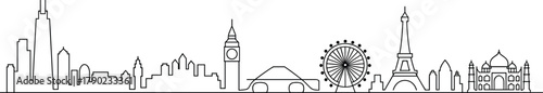 World famous landmarks skyline illustration, cityscape outline design, modern architecture drawing, global monument line art, travel tourism concept, minimal continuous line vector