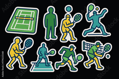 Tennis player stickers with outline effect featuring court and players in action