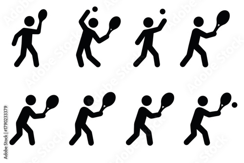 Silhouette icons of stick figures playing tennis with rackets and balls
