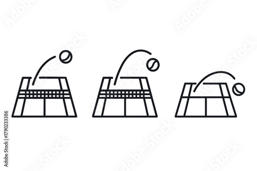 Linear tennis court icons with bouncing ball in minimalist style